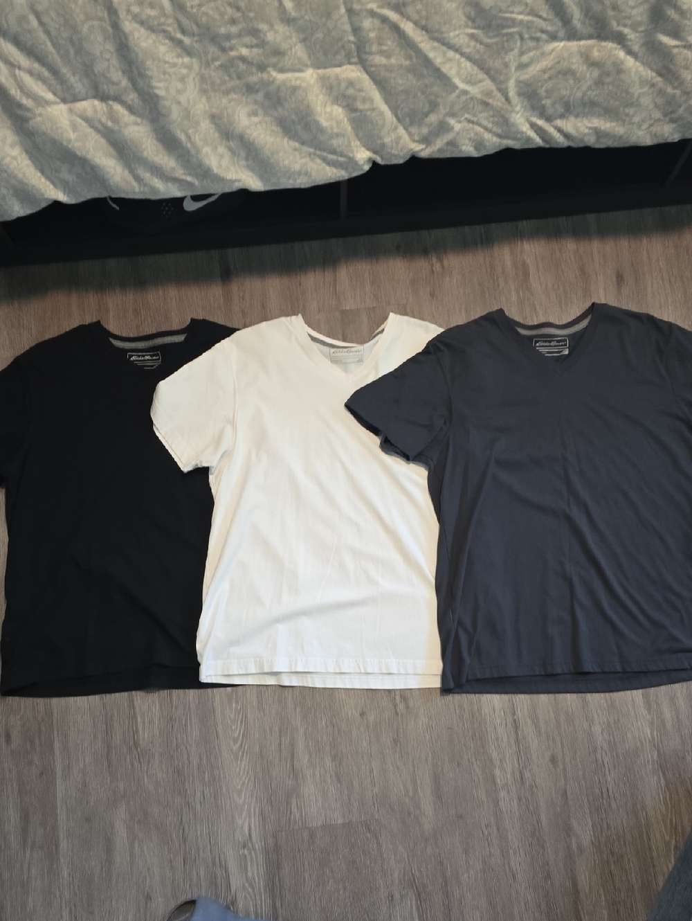 Three Eddie Bauer V Neck T-Shirts - Black, White, Charcoal